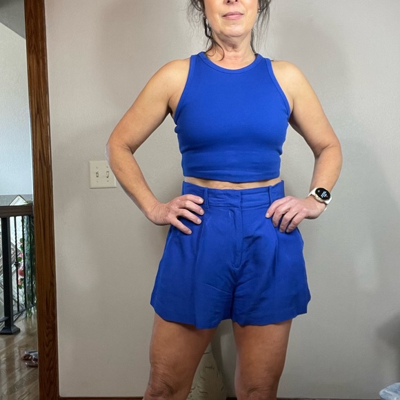 H&M Cobalt Blue 3 Piece Short Suit & Cropped Tank Small Linen Blend - Picture 2 of 16